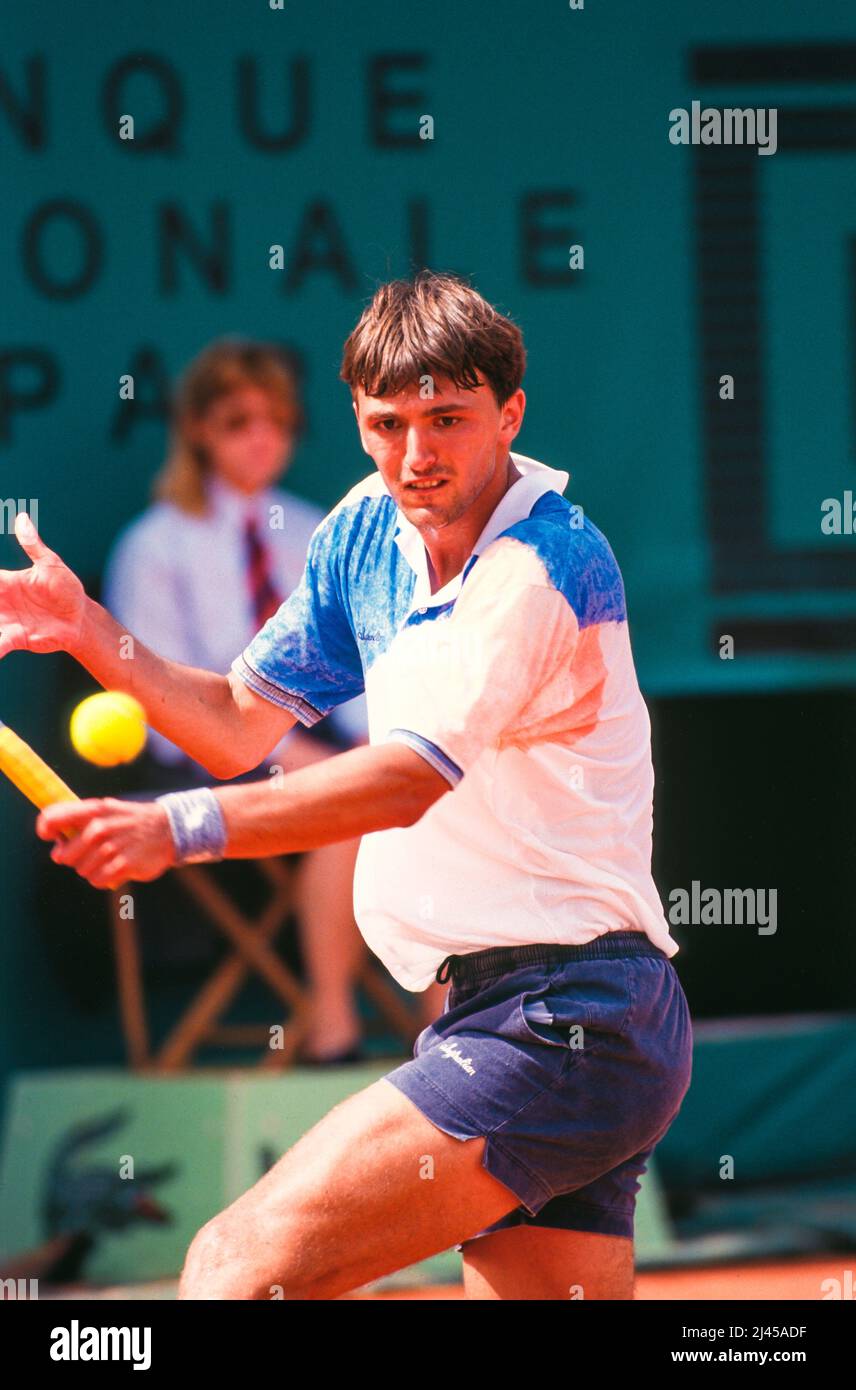 Croatian professional tennis player Goran Ivanisevic, here in May 1993, during the French Open, officially known as Roland-Garros Stock Photo
