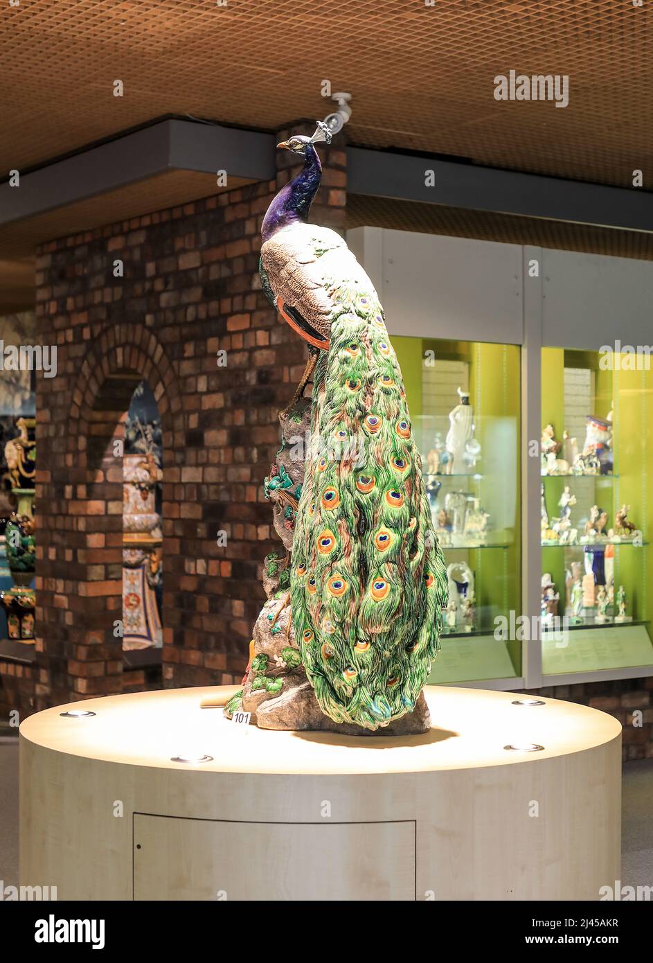 A Minton majolica life sized model of a peacock, modelled by Paul Comolera on display at the Potteries Museum, Hanley, Stoke-on-Trent, Staffs, England Stock Photo