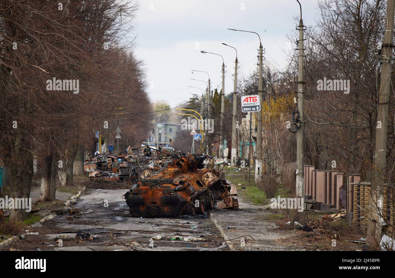 BUCHA, UKRAINE - 04 April 2022 - The remains of a Russian Army armoured column in Bucha, Ukraine on 09 April 2022 after they were attacked by Ukranian Stock Photo