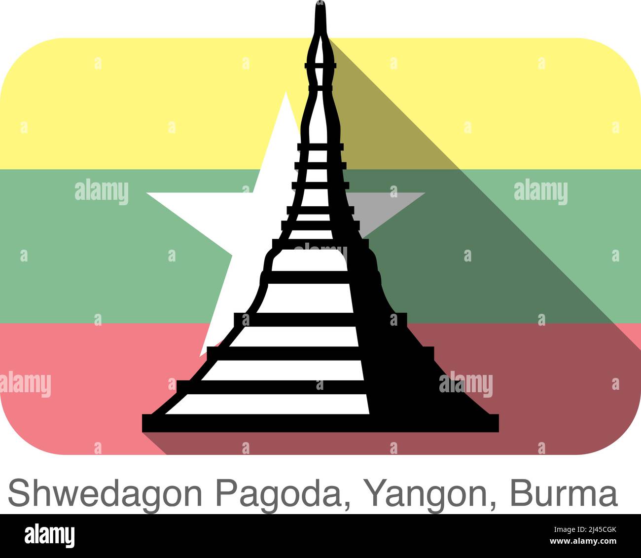 Shwedagon Pagoda, Yangon, Burma, landmark flat icon design, background is Burma national flag, Famous scenic spot Stock Vector