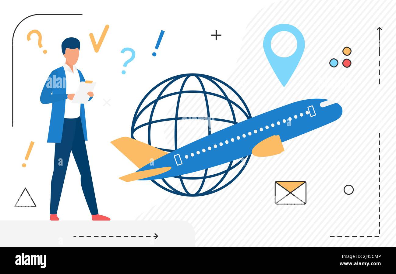 Businessman goes on air business trip, long distance travel by plane. Booking tickets for avia flights, buying tourist vouchers, vector image Stock Vector