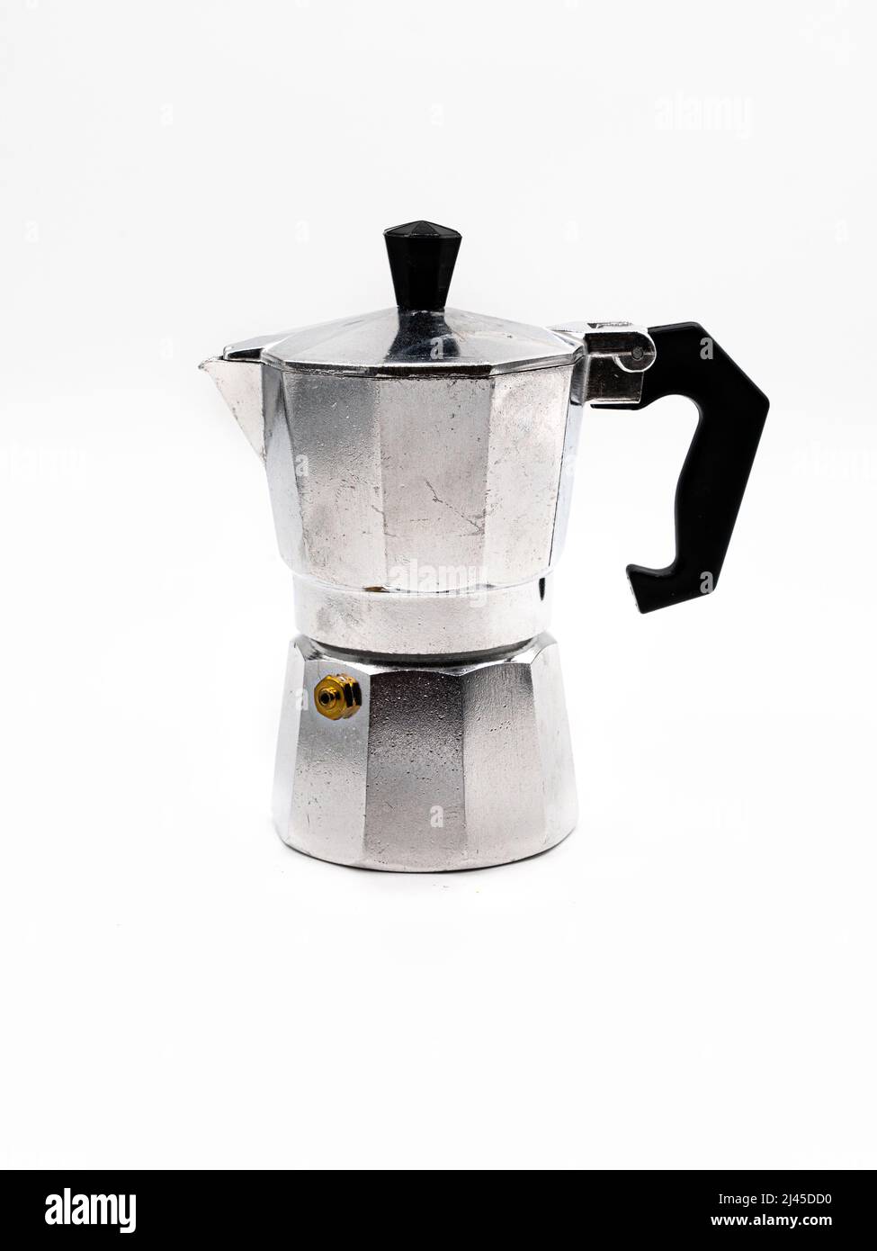 Metal geyser coffee pot, isolated on white background. Coffee maker isolated on white. High quality photo Stock Photo