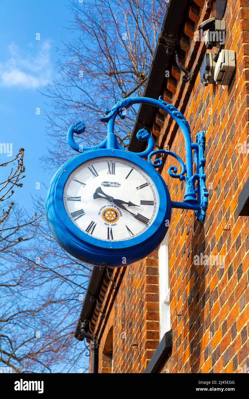 Blue clock gifted by the Rotary Club in celebration of 50 years of their service in the Baldock community, Hertfordshire, UK Stock Photo