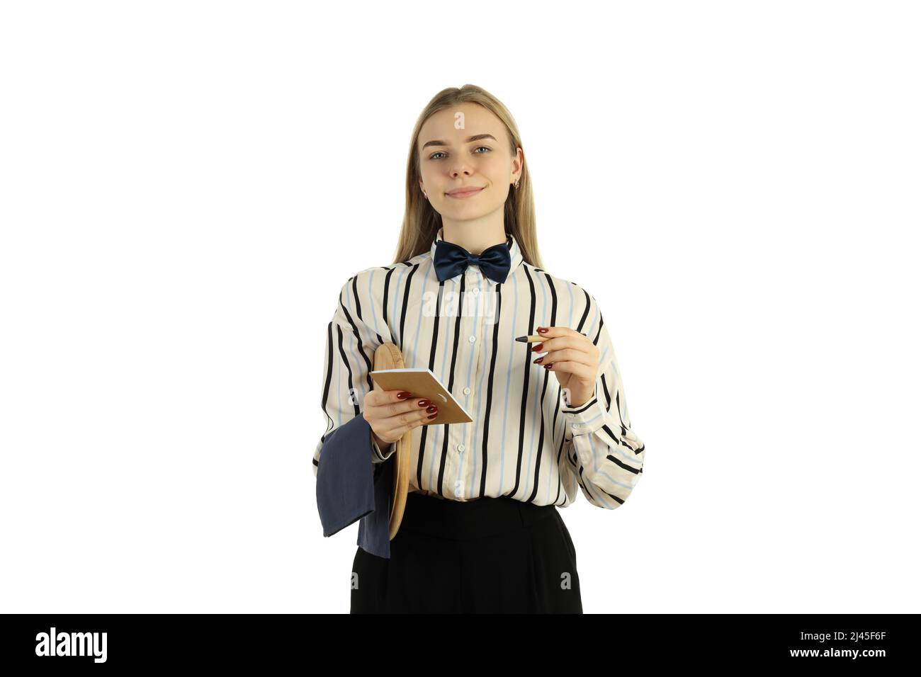 Young waiter woman isolated on white background Stock Photo