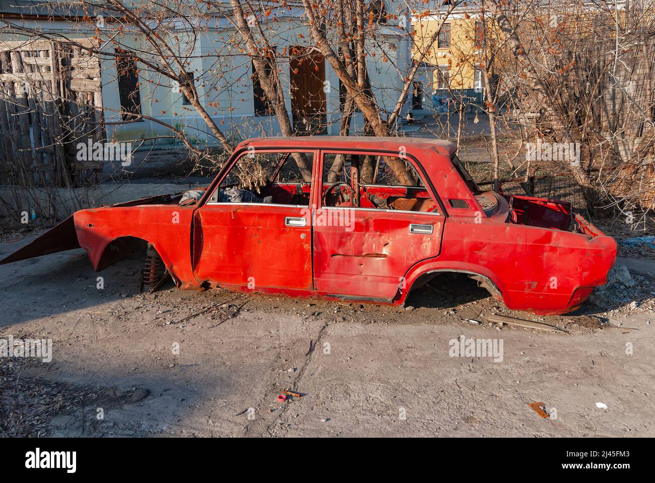 The crumpled body of a Lada car Stock Photo