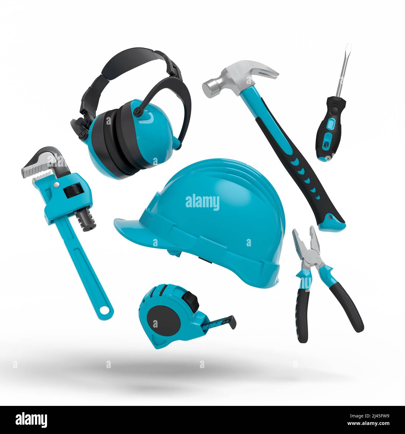 Flying view of green construction tools for repair and installation on ...