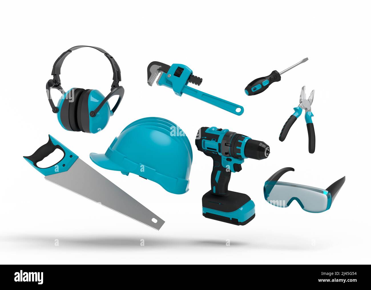 Flying view of green construction tools for repair and installation on ...