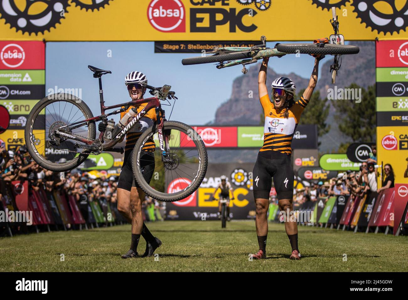 US/ARG bikers Haley Batten and Sofia Gomez Villafane celebrates victory in women doubles race of the Cape Epic in South Africa, March 27, 2022. (CTK P Stock Photo