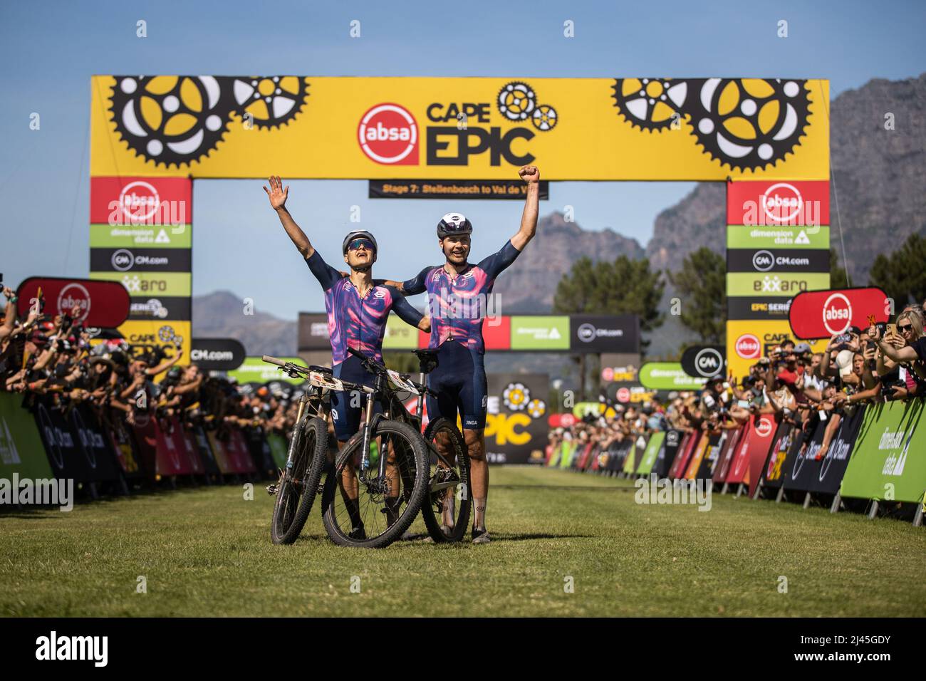 US/ARG bikers Haley Batten and Sofia Gomez Villafane celebrates victory in women doubles race of the Cape Epic in South Africa, March 27, 2022. (CTK P Stock Photo