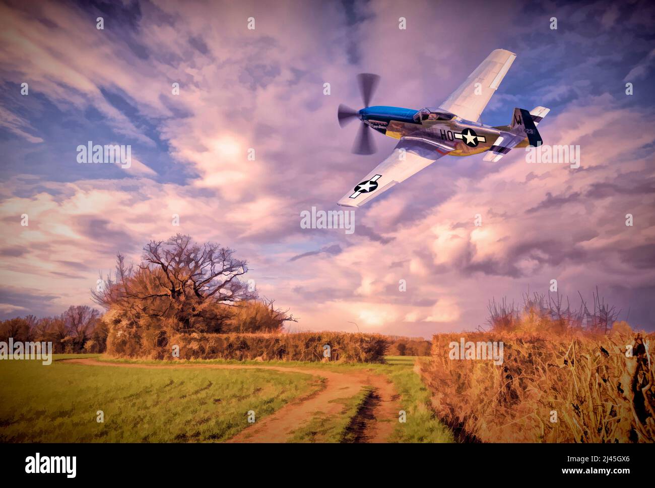 P51 mustang aircraft flying low over the British countryside. Stock Photo