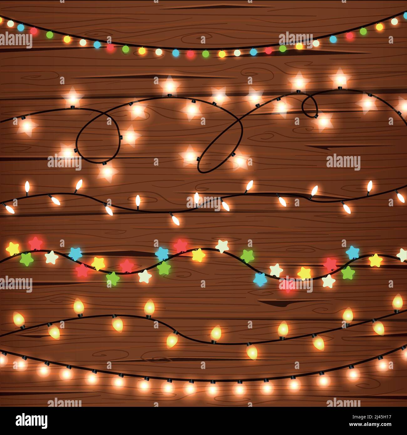Illustration of six different string lights on wooden wall. New Year, Christmas, holiday. Celebration concept. Design element for greeting cards, post Stock Vector