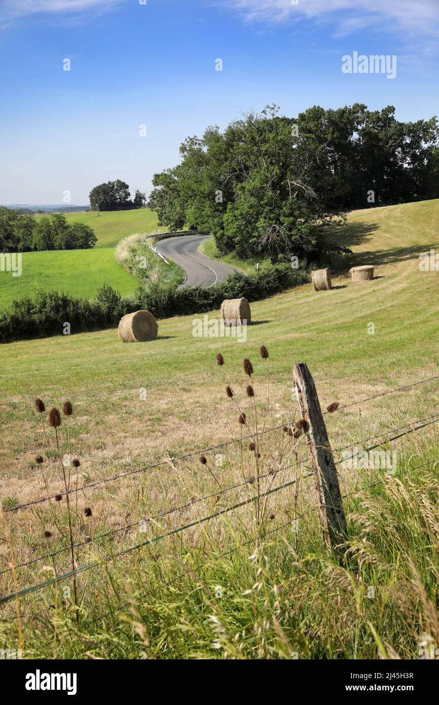 Rural, agricultural landscape in the Pays de Serre area, Quercy blanc (south-western France) Hay bales and country road Stock Photo