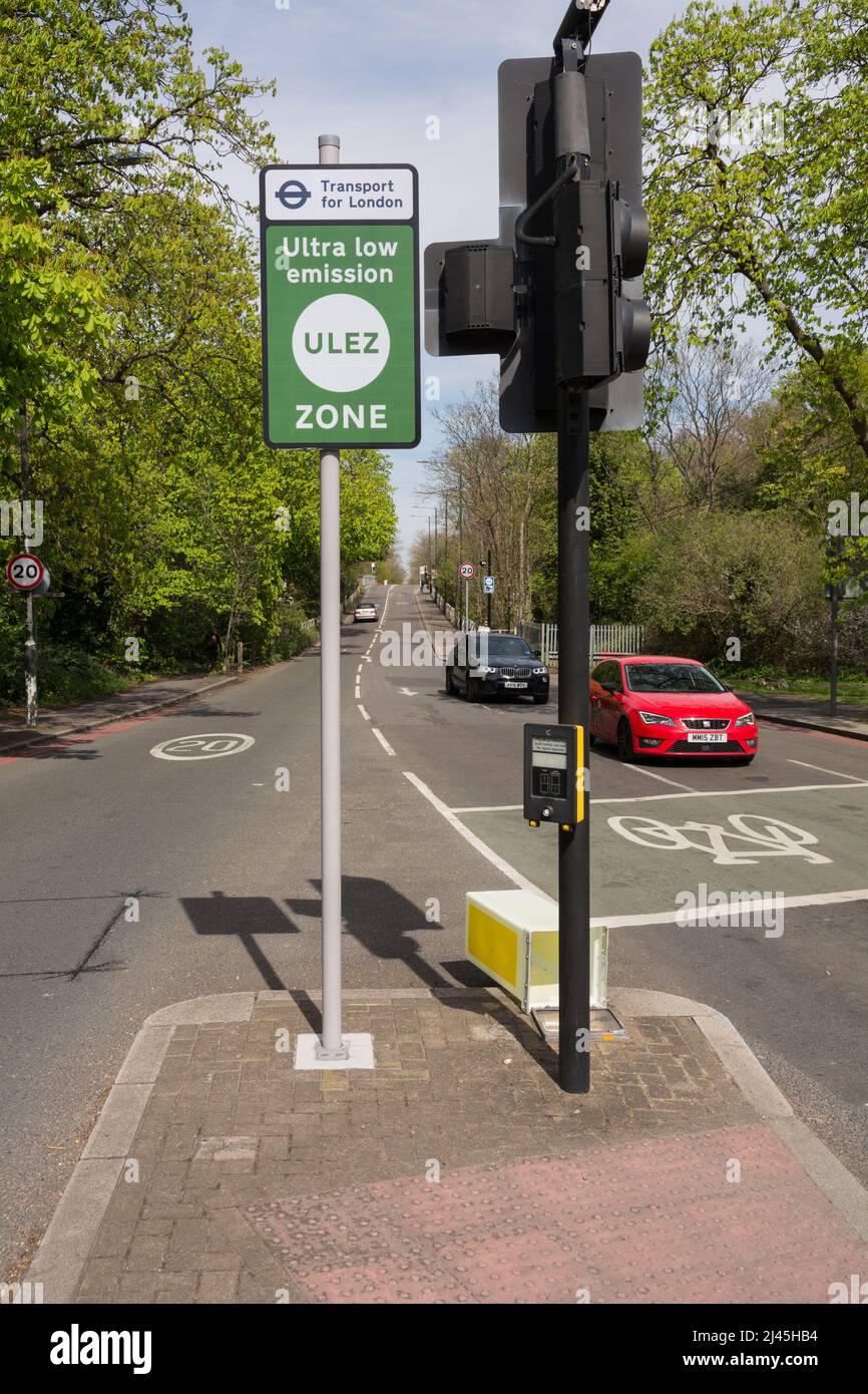 Signage denoting the start of the Transport for London (TFL) Ultra-Low Emission Zone starting point on Rocks Lane in Barnes, southwest London, England Stock Photo