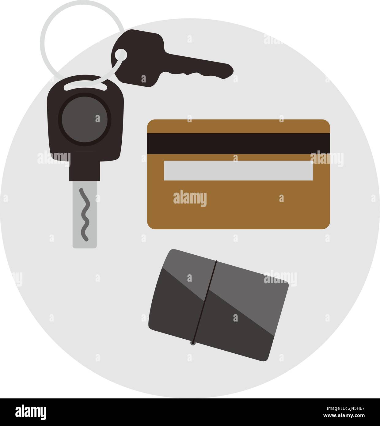 Car key and credit card on the desk, top view, vector illustration