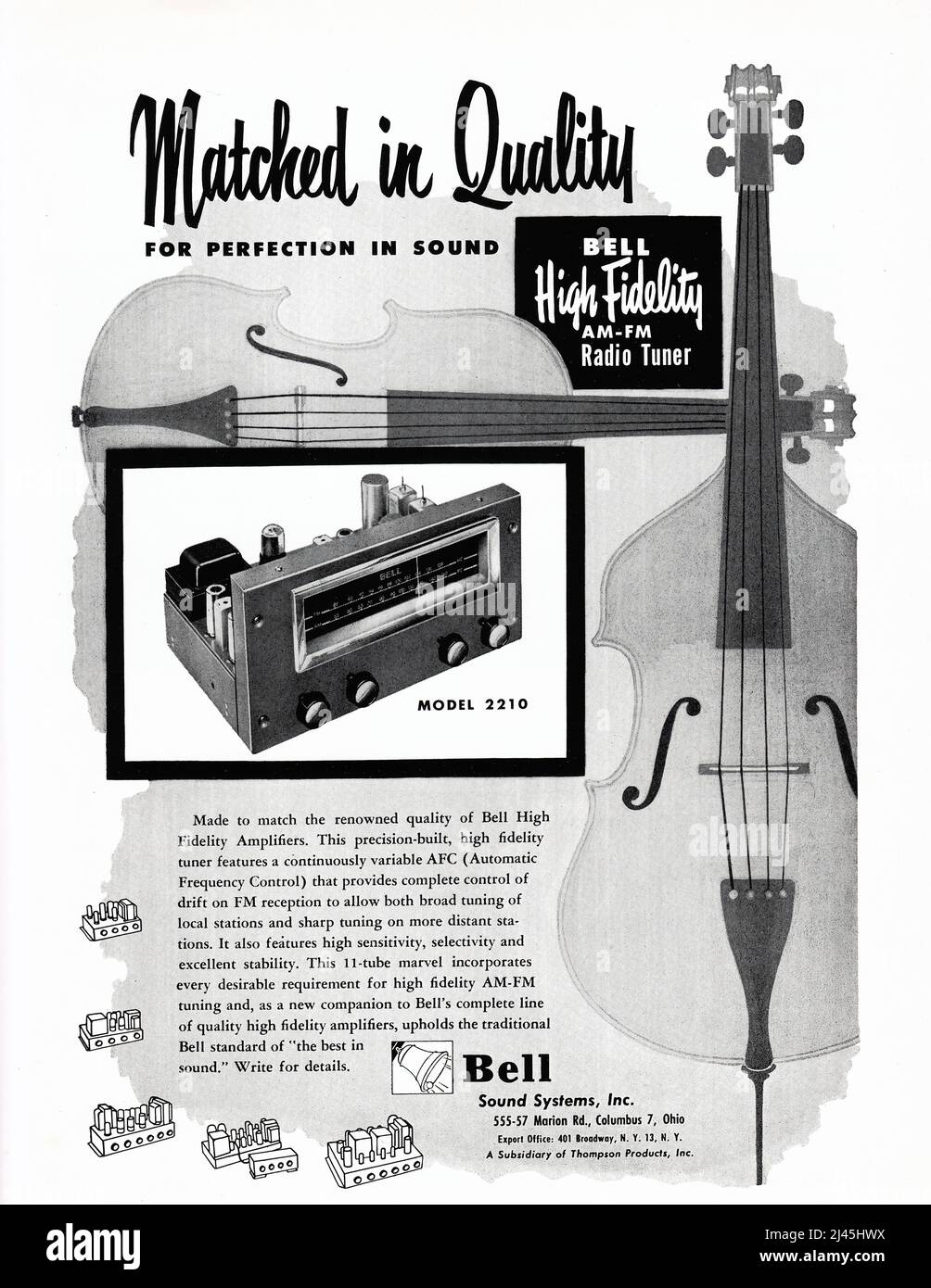 A full page ad for Bell High Fidelity AM -FM tuners from a 1955 American music magazine. Stock Photo