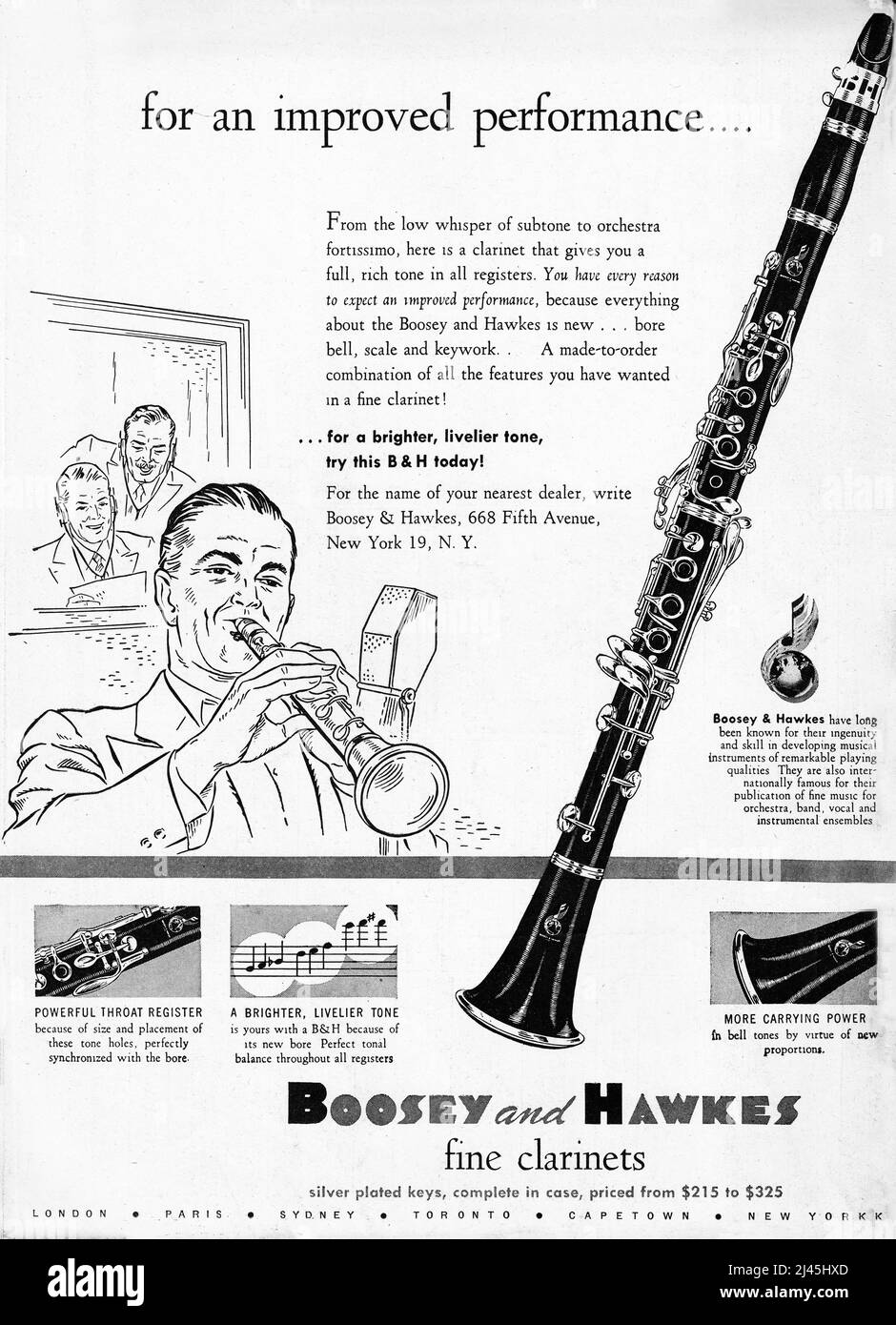 A vintage ad from a 1947 music magazine for Boosey and Hawkes clarinets. Stock Photo