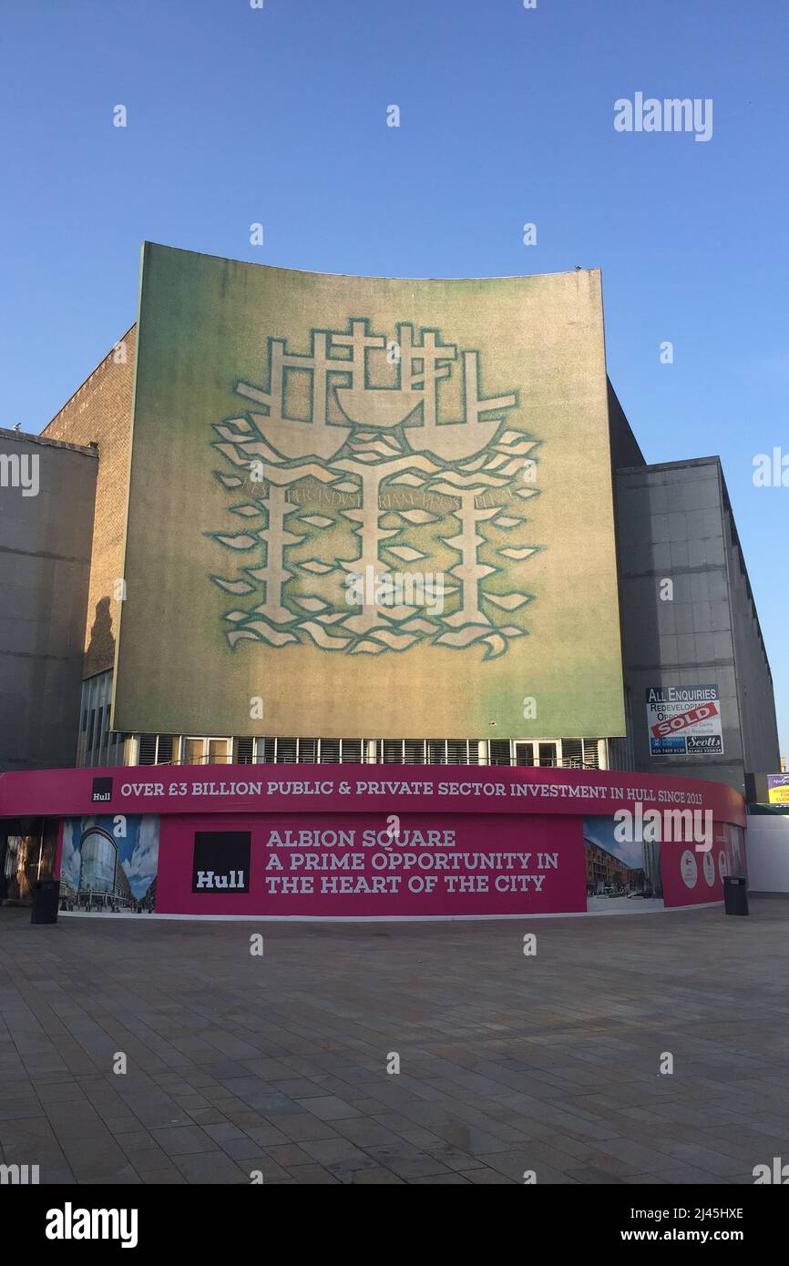 Albion Square development project. Hull, redevelopment of the Alan Boyson, THREE SHIPS mural on the former Co-op BHS store, Kingston upon Hull Stock Photo