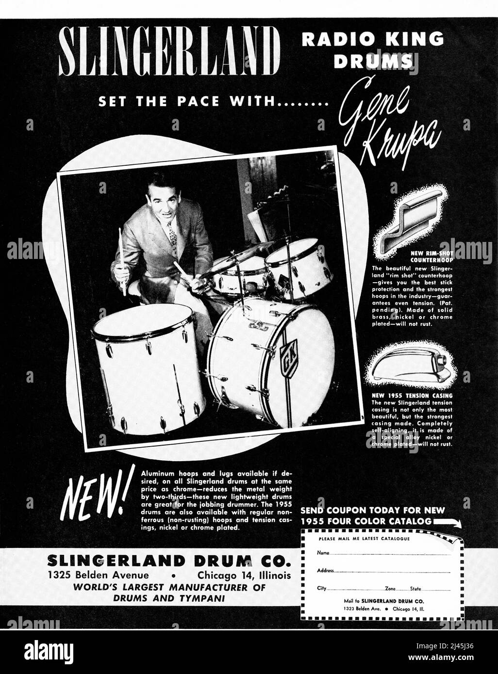 A full page ad from a 1955 American music magazine featuring drumming legend Gene Krupa endorsing Slingerand drums.. Stock Photo