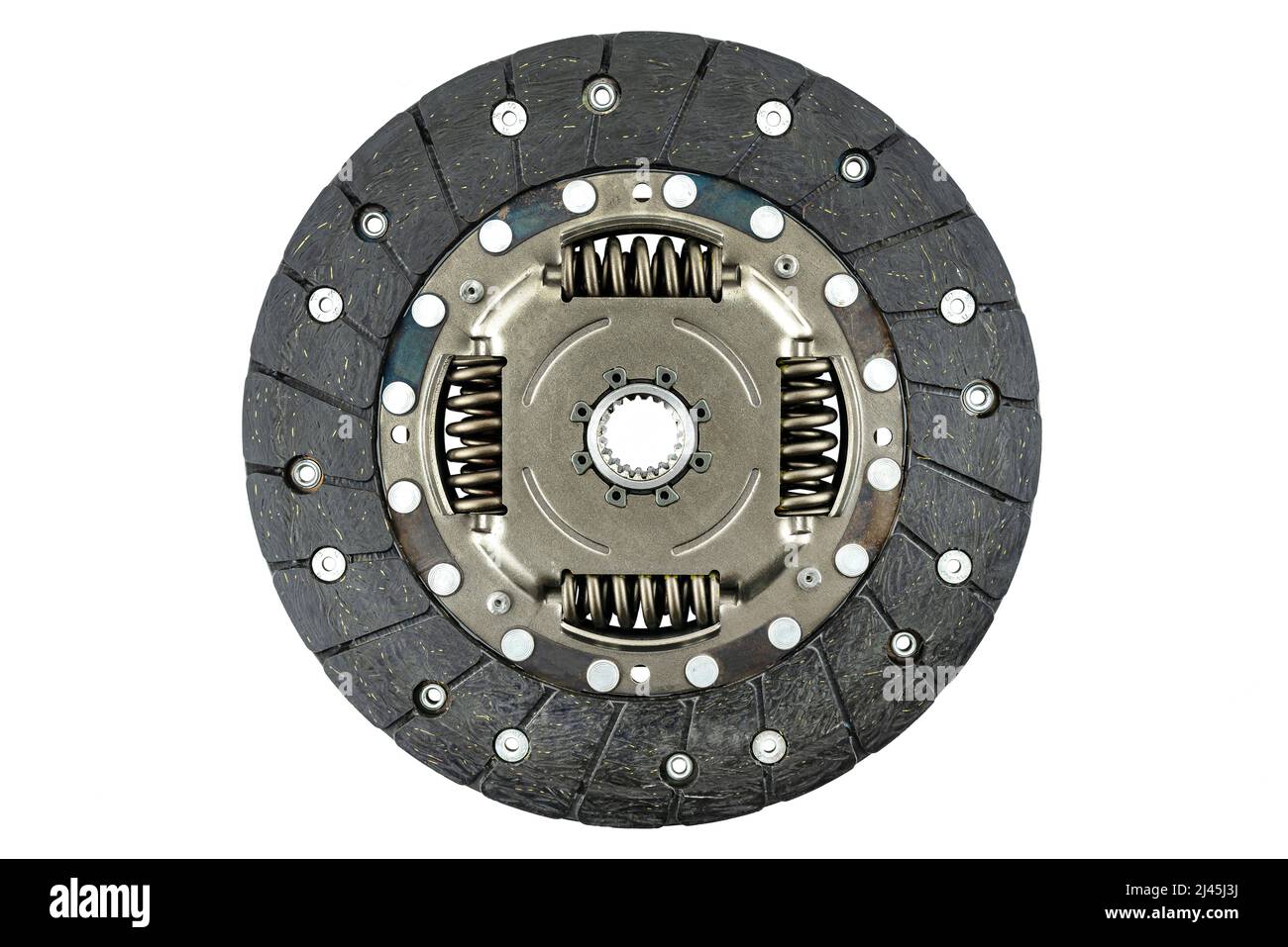 Used car clutch with damper springs and friction linings, isolated on a white background, top view. Stock Photo