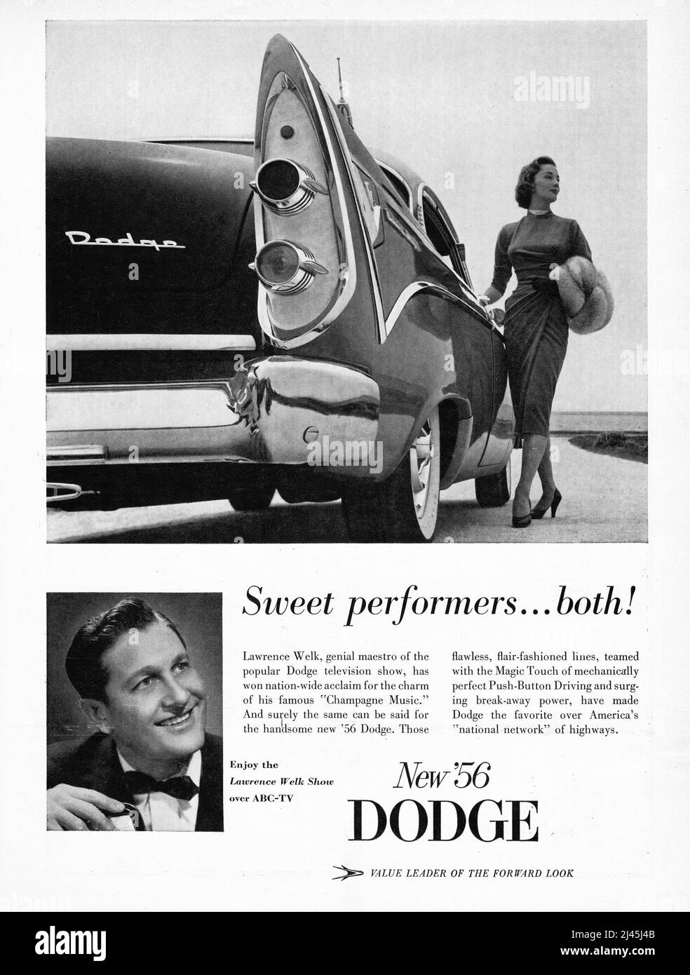 An ad for Dodge automobiles from a 1956 American music magazine featuring TV star, Lawrence Welk. Dodge was the sponsor of Welk's popular show. Stock Photo