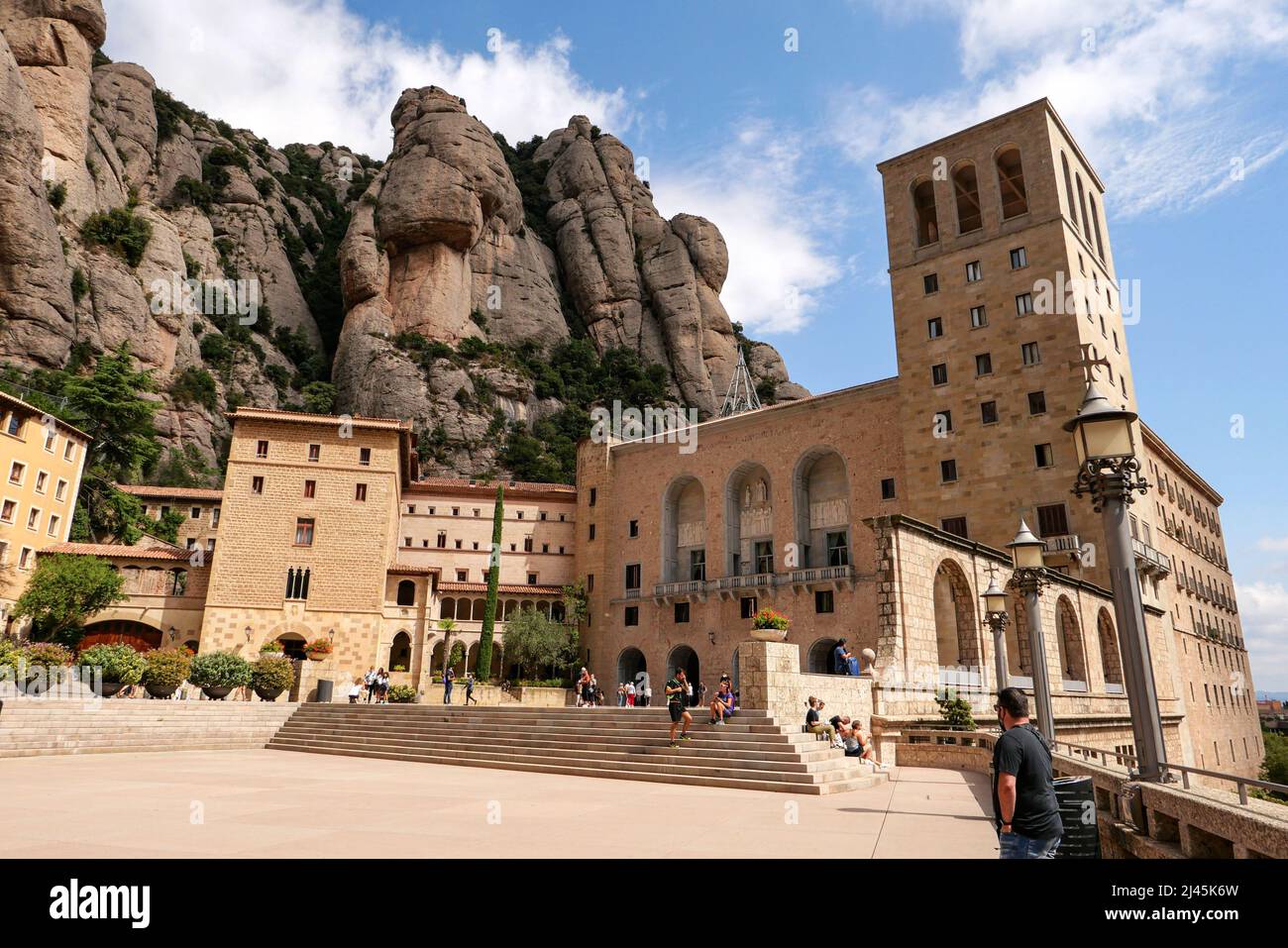 Spain, Catalonia, Monistrol de Montserrat: Overview of the Montserrat religious complex at the bottom of the Montserrat Massif. Its monastery dates ba Stock Photo