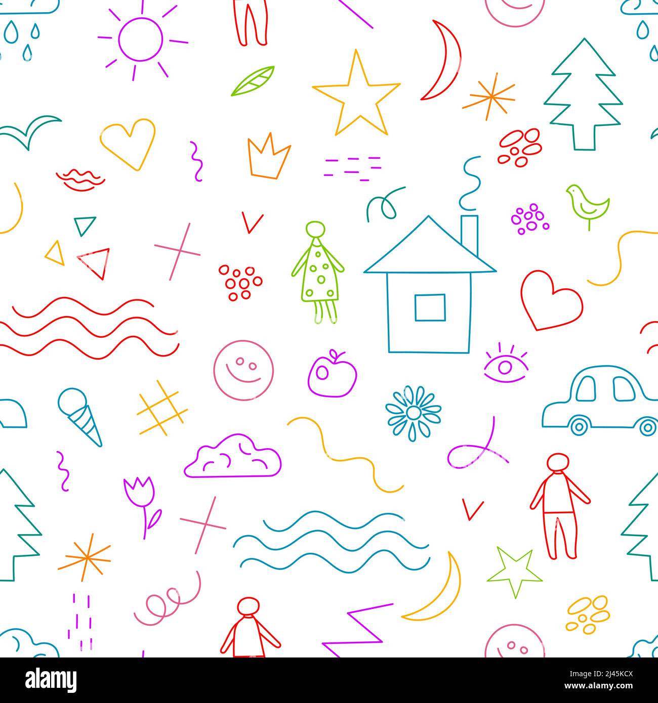 Childish doodle elements with people, car, house. Hand drawn line ...