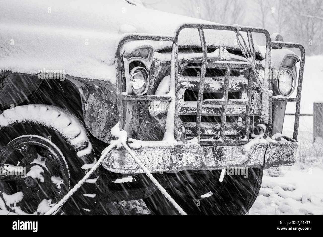 This old International Harvester flatbed truck rides out another winter storm on the lot of a commercial fisherman near Baileys Harbor, Door County WI Stock Photo
