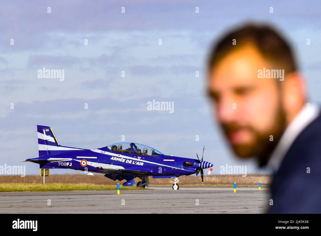 Presentation of the equipments and missions of the French Air and Space Force at the Evreux-Fauville Air Base (or BA 105) on November 10, 2021. Pilatu Stock Photo