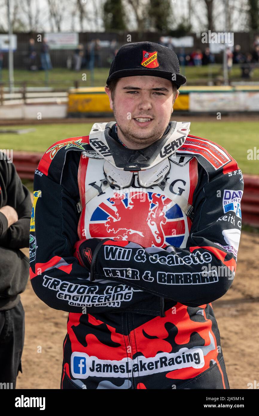 James Laker.  Motorcycle Speedway rider for Sittingbourne Crusaders.  British Under-21 Semi-final at Mildenhall on 10 April 2022 Stock Photo