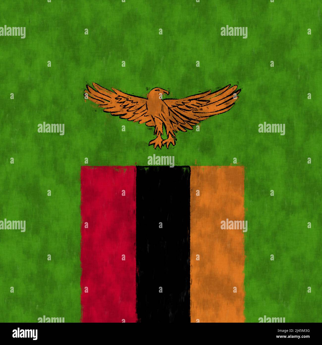 Zambia oil painting. Zambian emblem drawing canvas. A painted picture of a country's flag Stock
