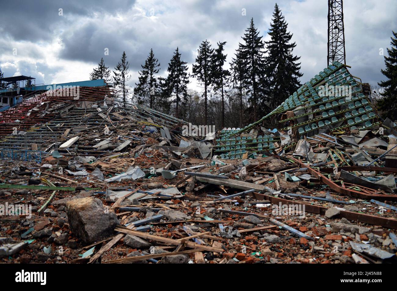 CHERNIHIV, UKRAINE - APRIL 11, 2022 - The damaged rows of seats are pictured on the stands of the Chernihiv Olympic Sports Training Centre (formerly Y Stock Photo