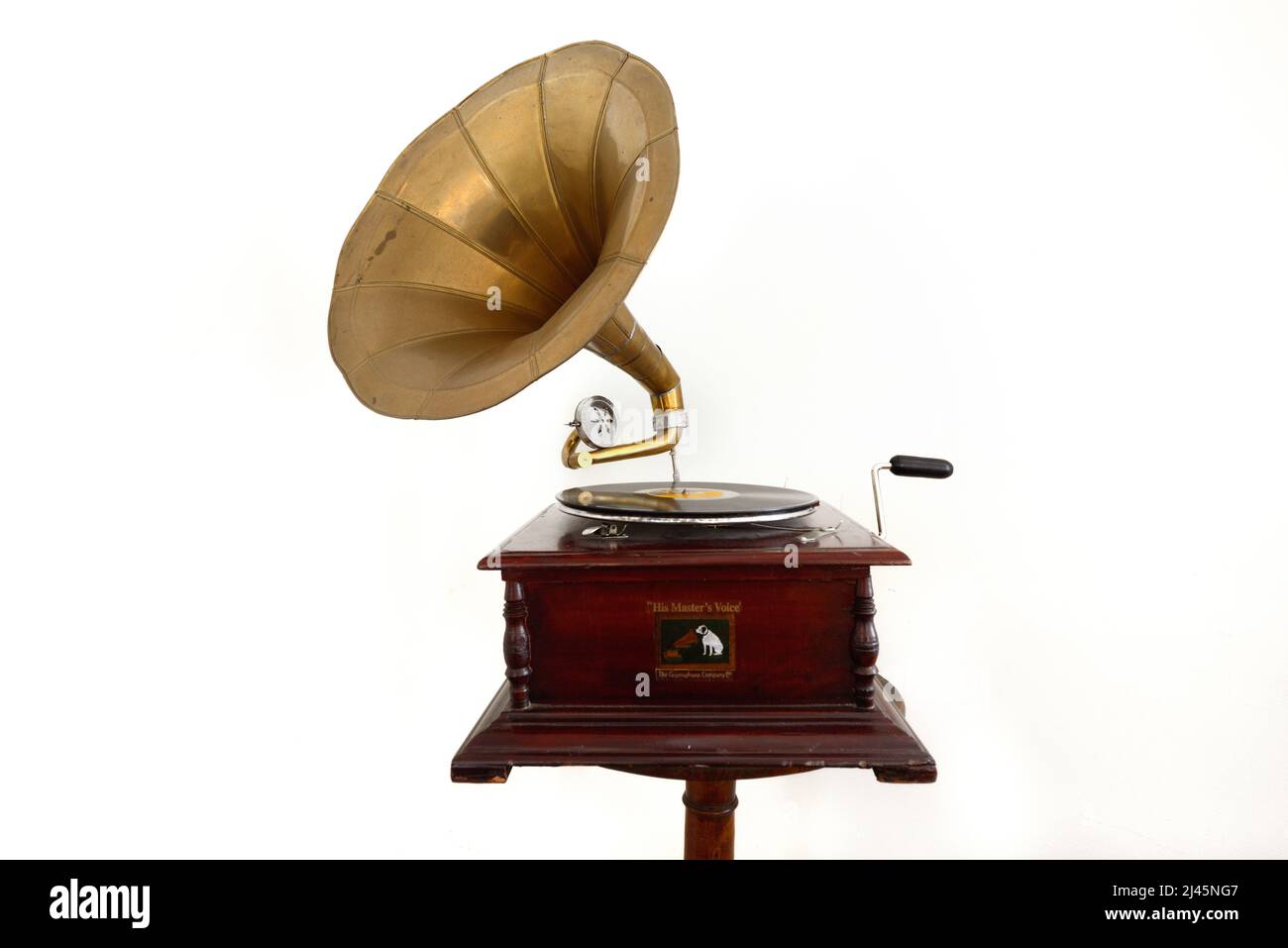 Old, Vintage, Antique or Early c20th Gramophone produced by The Gramophone Company Limited, aka His Master's Voice (HMV) on White Background Stock Photo