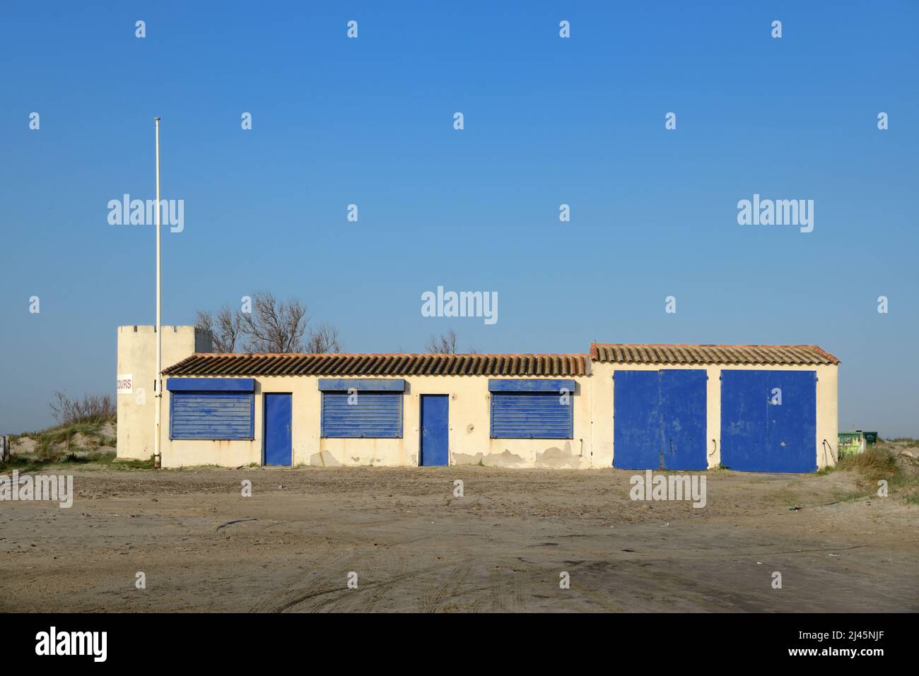 Out of Season or Shuttered Up Beach Huts at Napoleon Beach, or Plage Napoleon, Port St Louis du Rhône Camargue Provence France Stock Photo
