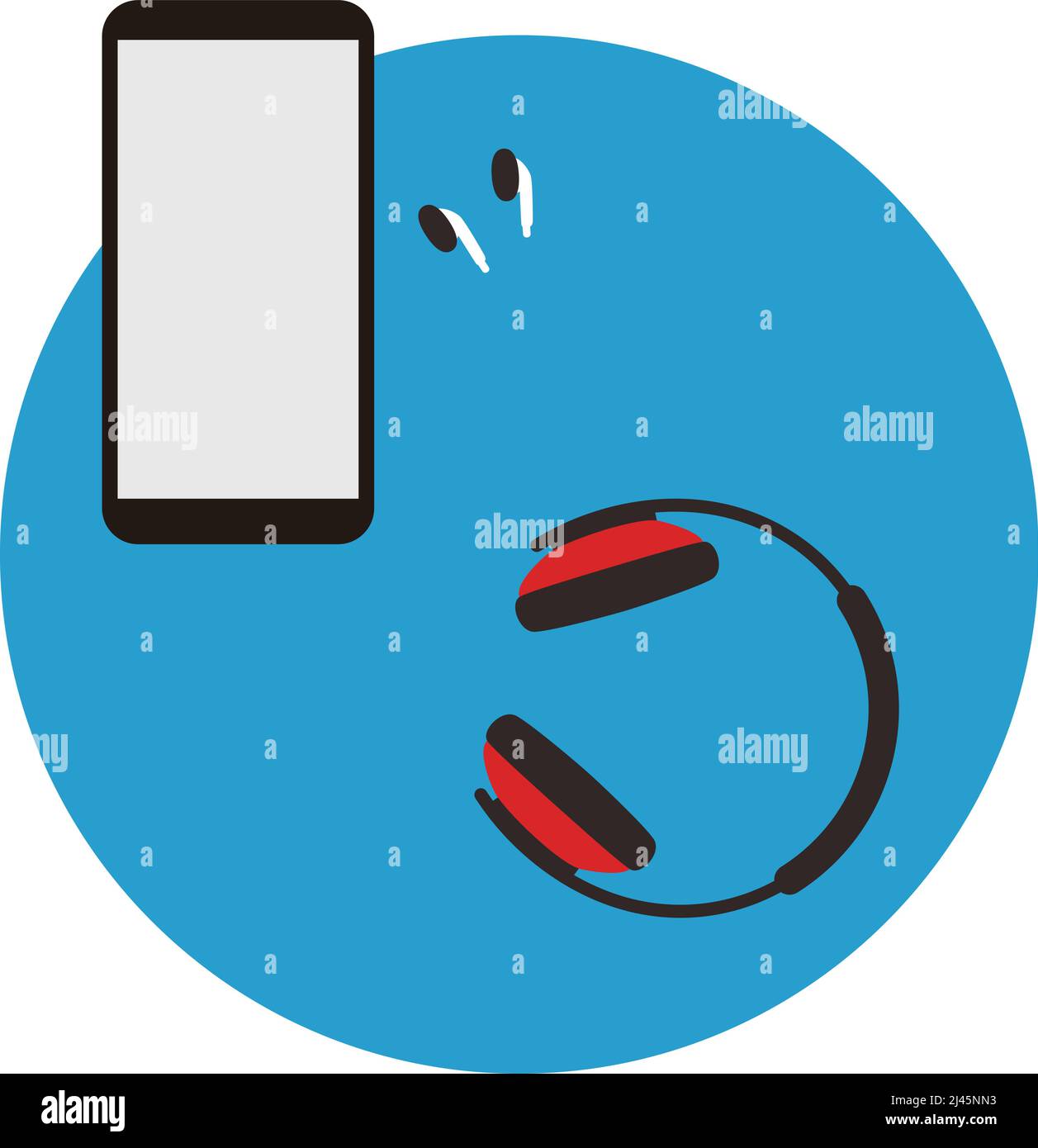 Smartphone, headset on the table, top view, vector illustration Stock Vector