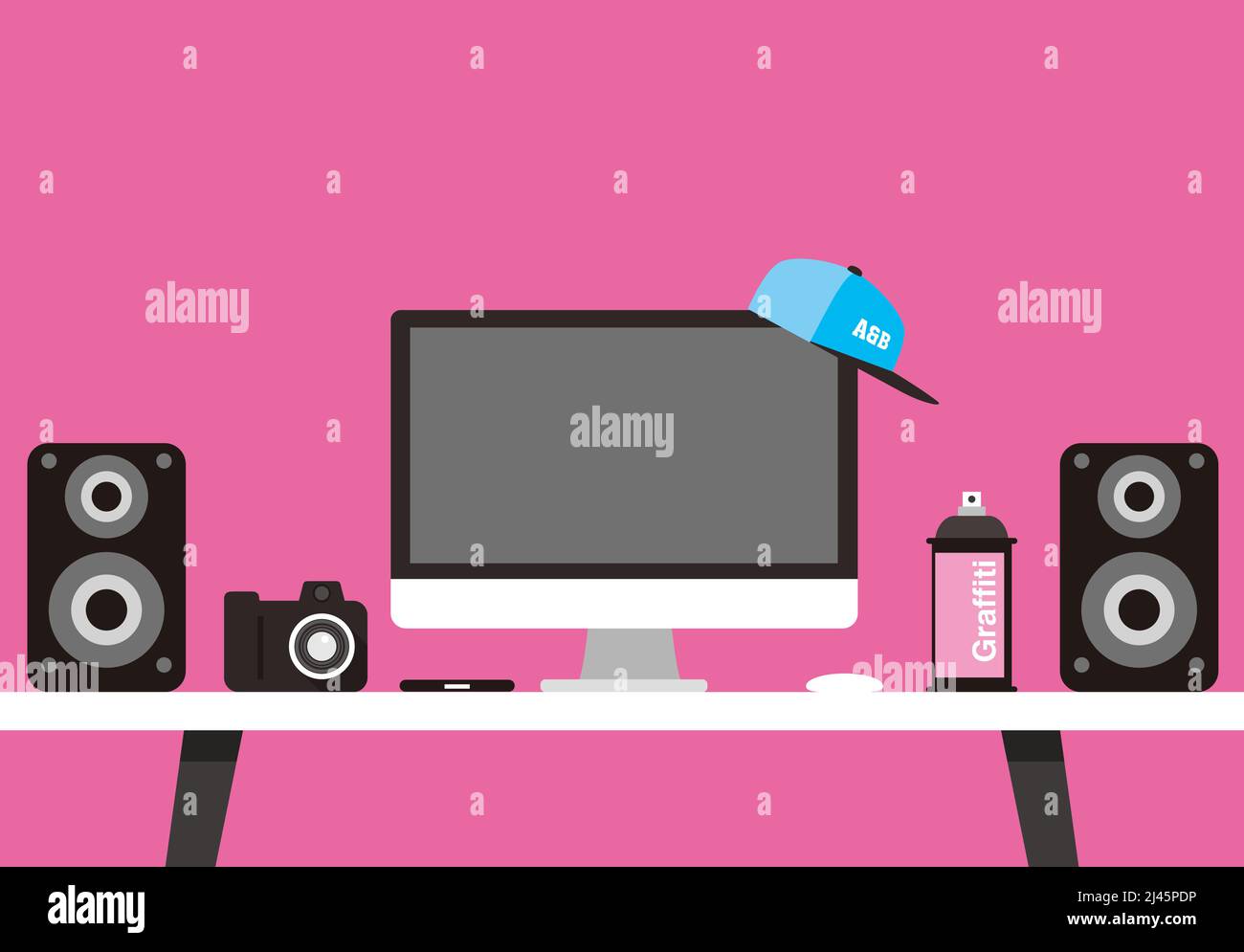 Working place, desk with computer and other things, vector illustration Stock Vector