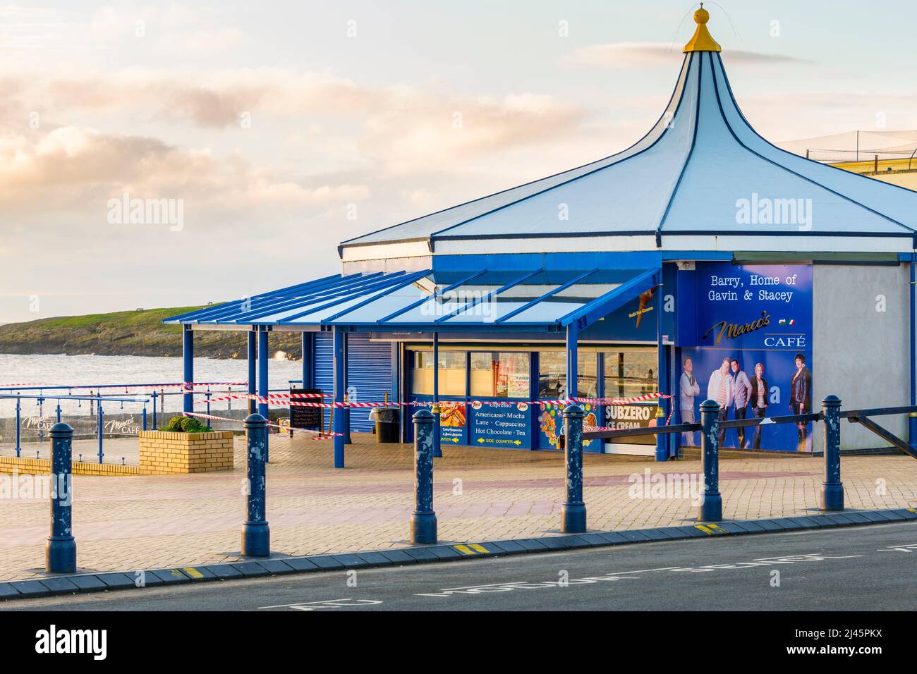 Seaside Marco's café at Barry Island, a famous Gavin & Stacey location, is closed during the Covid-19 crises on a beautiful sunny morning. Stock Photo