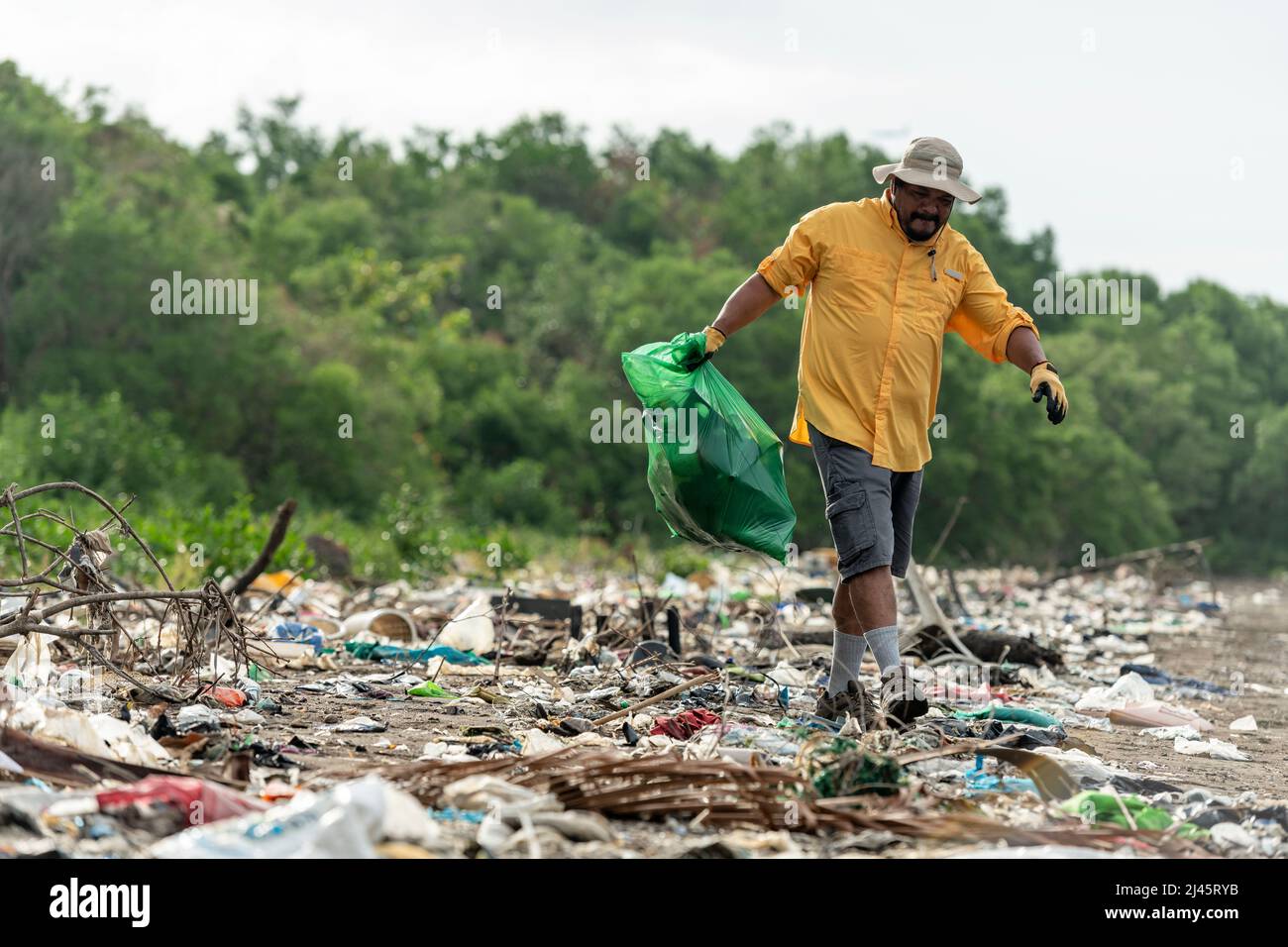 Man picks up plastic garbage on beach in the morning, Panama, Central America. Stock Photo