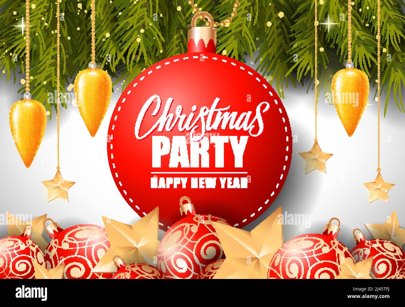 Christmas Party and happy New Year lettering on bauble-shaped tag with fir sprigs and baubles. Calligraphic inscription can be used for greeting cards Stock Vector