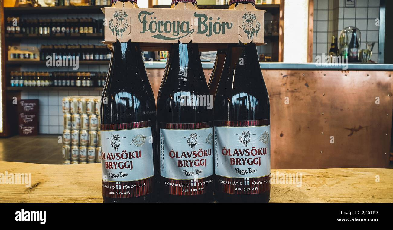 Bottles of beer in Foroya Bjor brewery.  Faroese brewing company based in Klaksvík. Stock Photo