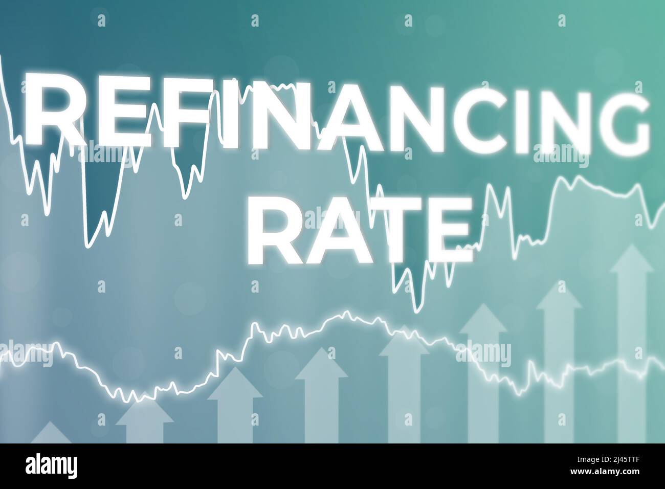 Words Refinancing rate on blue finance background. 3D render, soft focus. Global economy concept Stock Photo