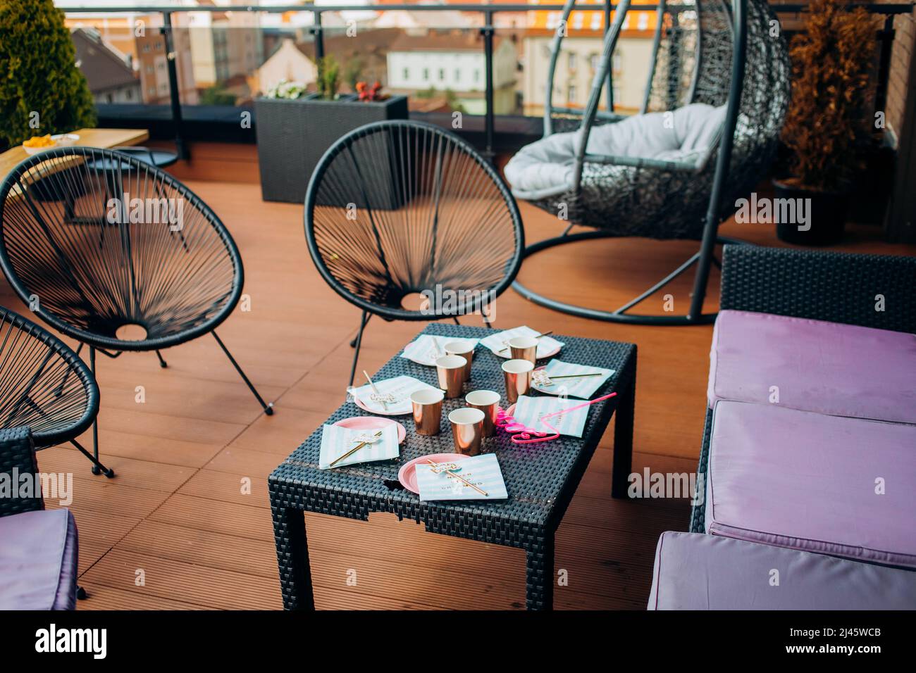 Girl's party on the terrace. Decor and details. Stock Photo
