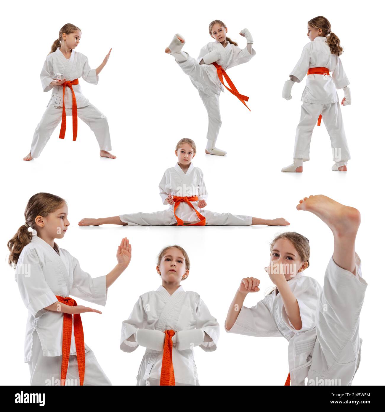 Set of portraits of active little girl, child training karate, martial arts isolated over white