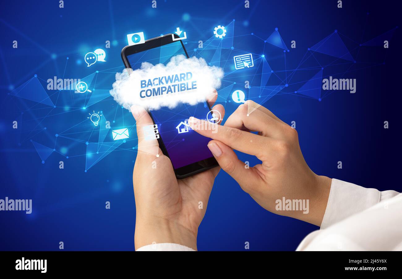 Hand using smartphone with cloud technology concept Stock Photo - Alamy