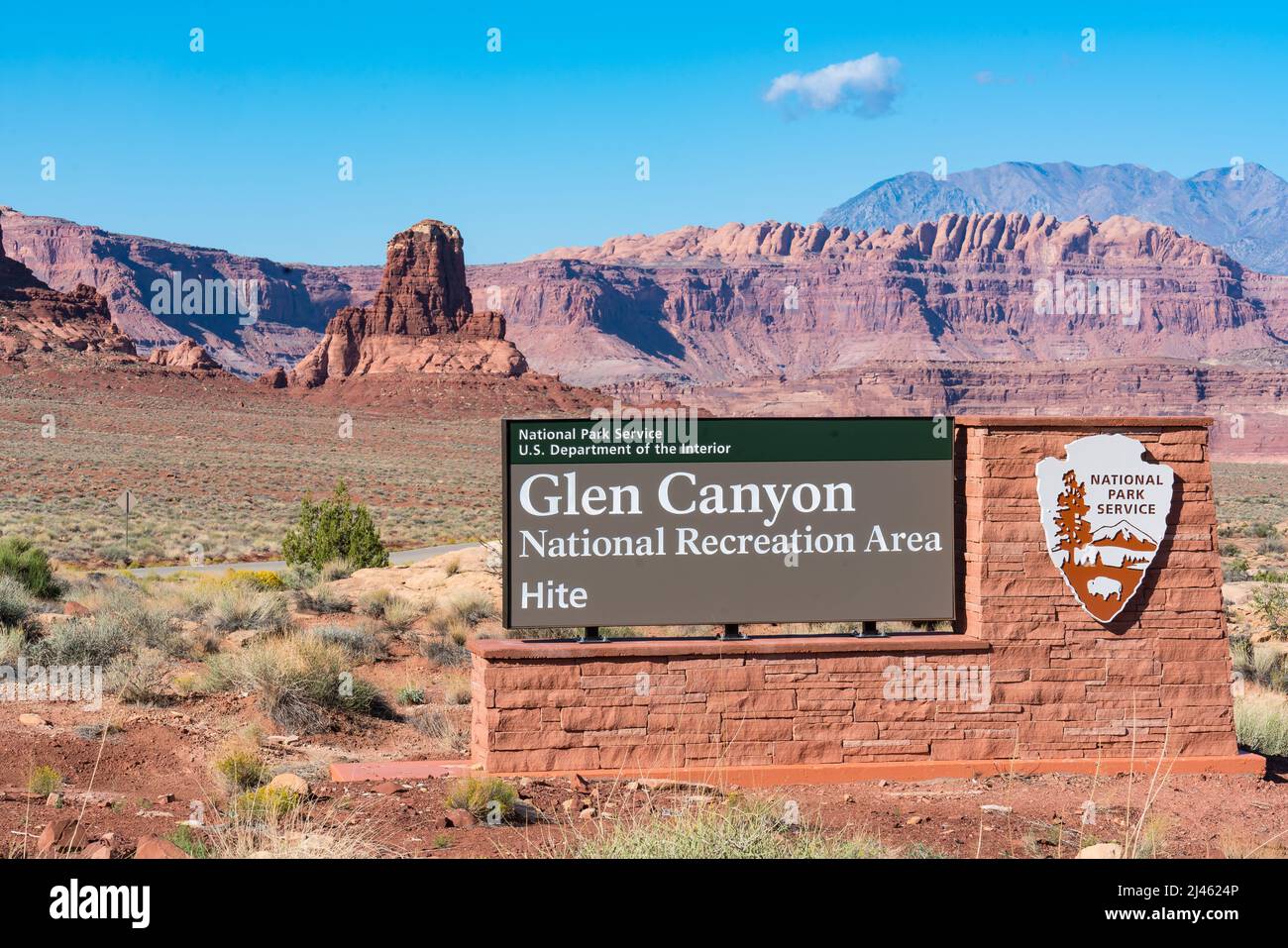 Hite, UT - October 9, 2021: Hite entrance sign to Glen Canyon National Recreation Area in the desert southwest of Utah Stock Photo