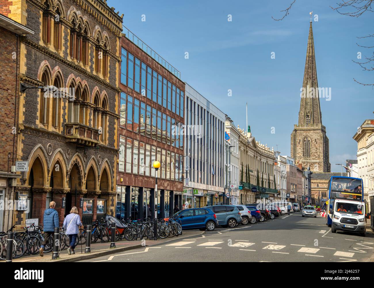 Hereford,Herefordshire,England-April 22nd 2022: View along Broad Street,outside the entrance to Hereford Cathedral,with All Saints Church in the dista Stock Photo