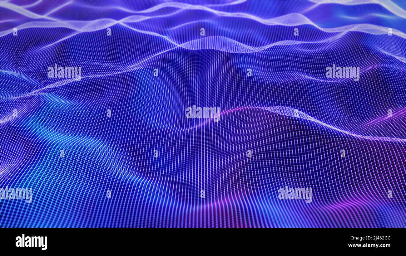 Technology background with connected dots on 3D wave landscape. Data science, particles, digital world, virtual reality, cyberspace, metaverse concept Stock Photo