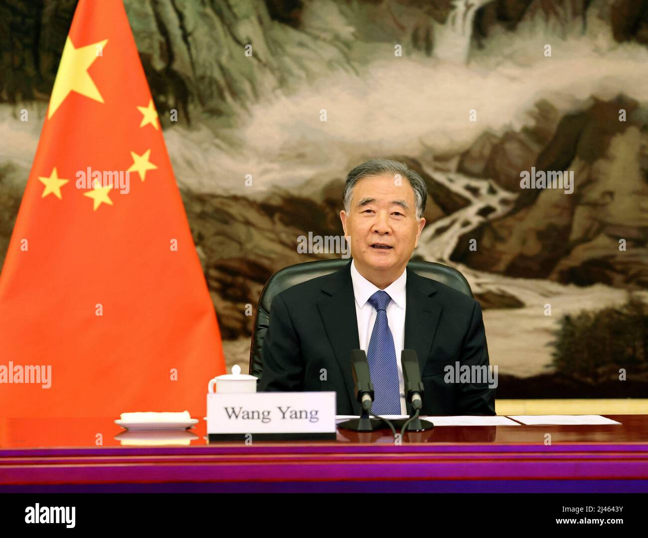 Beijing, China. 12th Apr, 2022. Wang Yang, chairman of the Chinese People's Political Consultative Conference National Committee, meets with Italian Senate Speaker Maria Elisabetta Alberti Casellati via video link in Beijing, capital of China, April 12, 2022. Credit: Liu Weibing/Xinhua/Alamy Live News Stock Photo