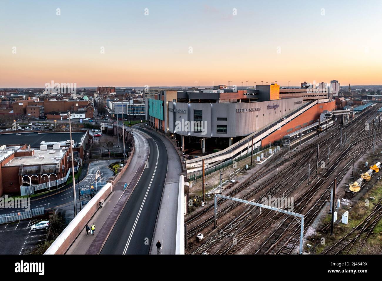 DONCASTER, UK - JANUARY 13, 2022.  An aerial view of the Frenchgate shopping and retail centre in Doncaster town centre with road and rail links Stock Photo