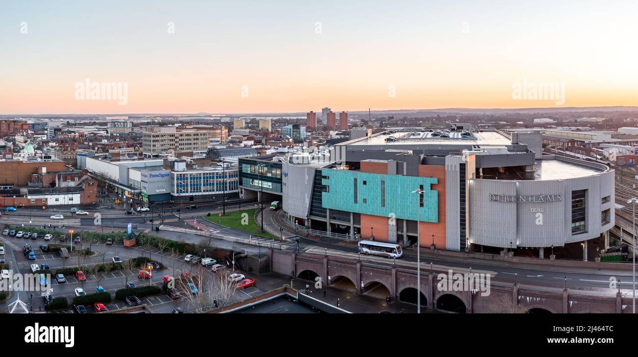 An aerial panorama view of the Frenchgate shopping centre and mall in the city centre of Doncaster at sunset Stock Photo