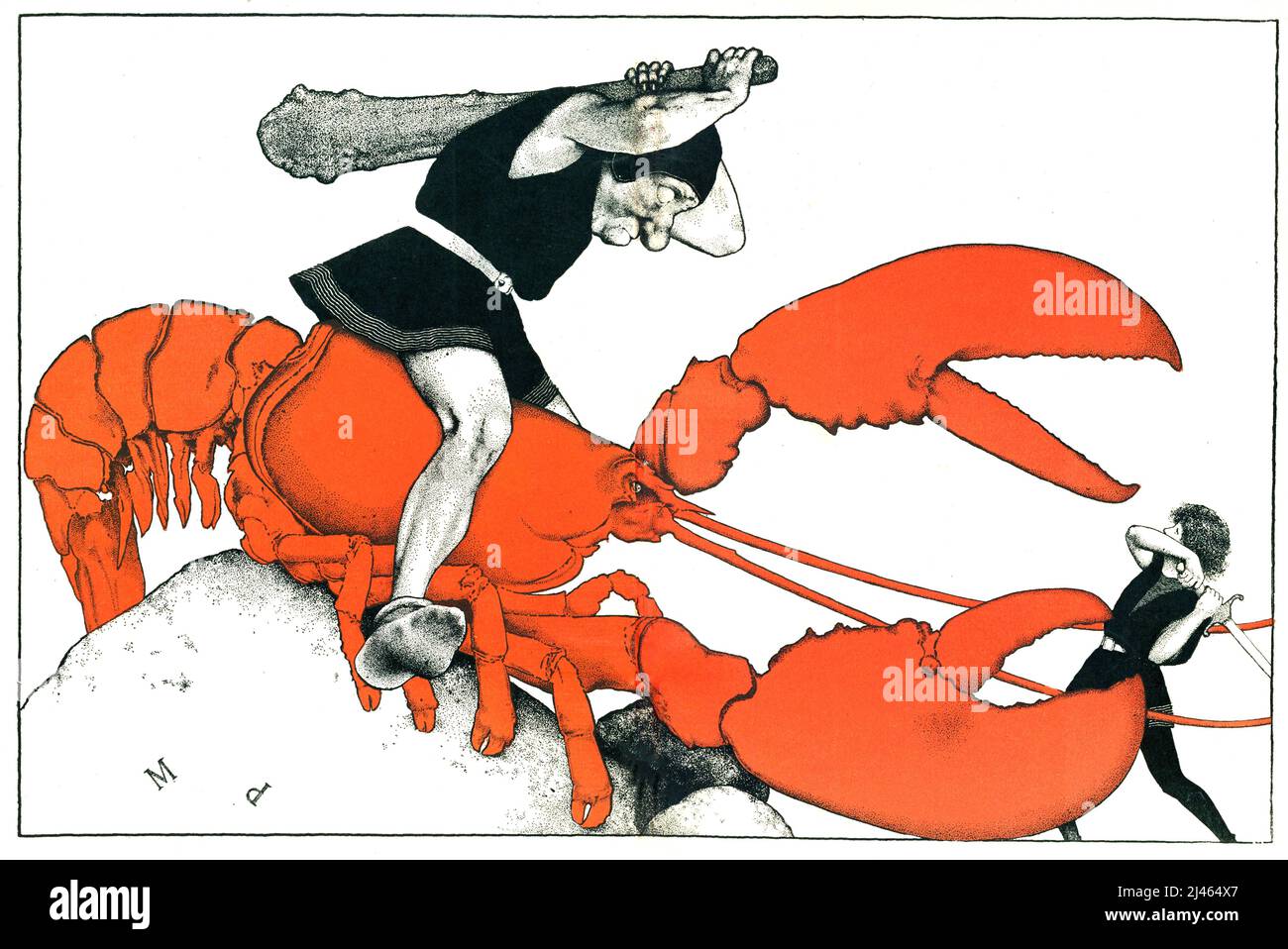 Maxfield Parrish - Surreal image of a club wielding weirdo riding a big red lobster attacking our brave hero - David and Goliath story - 1904 Stock Photo